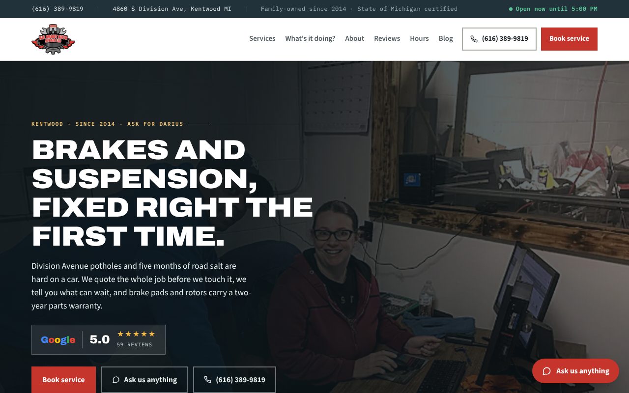All About Auto Repair website: dark hero photo of the shop with the headline Brakes and suspension, fixed right the first time, a 5.0 Google rating and Book service button